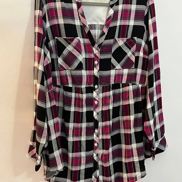 Torrid Pink and Black Plaid Button-Down Shirt - Picture 1 of 9